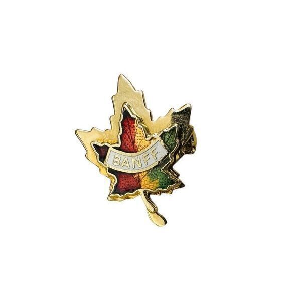 Vintage‎ Banff Canada Gold & Multi Color Maple Leaf Souvenir Enamel Lapel Pin - Picture 1 of 13